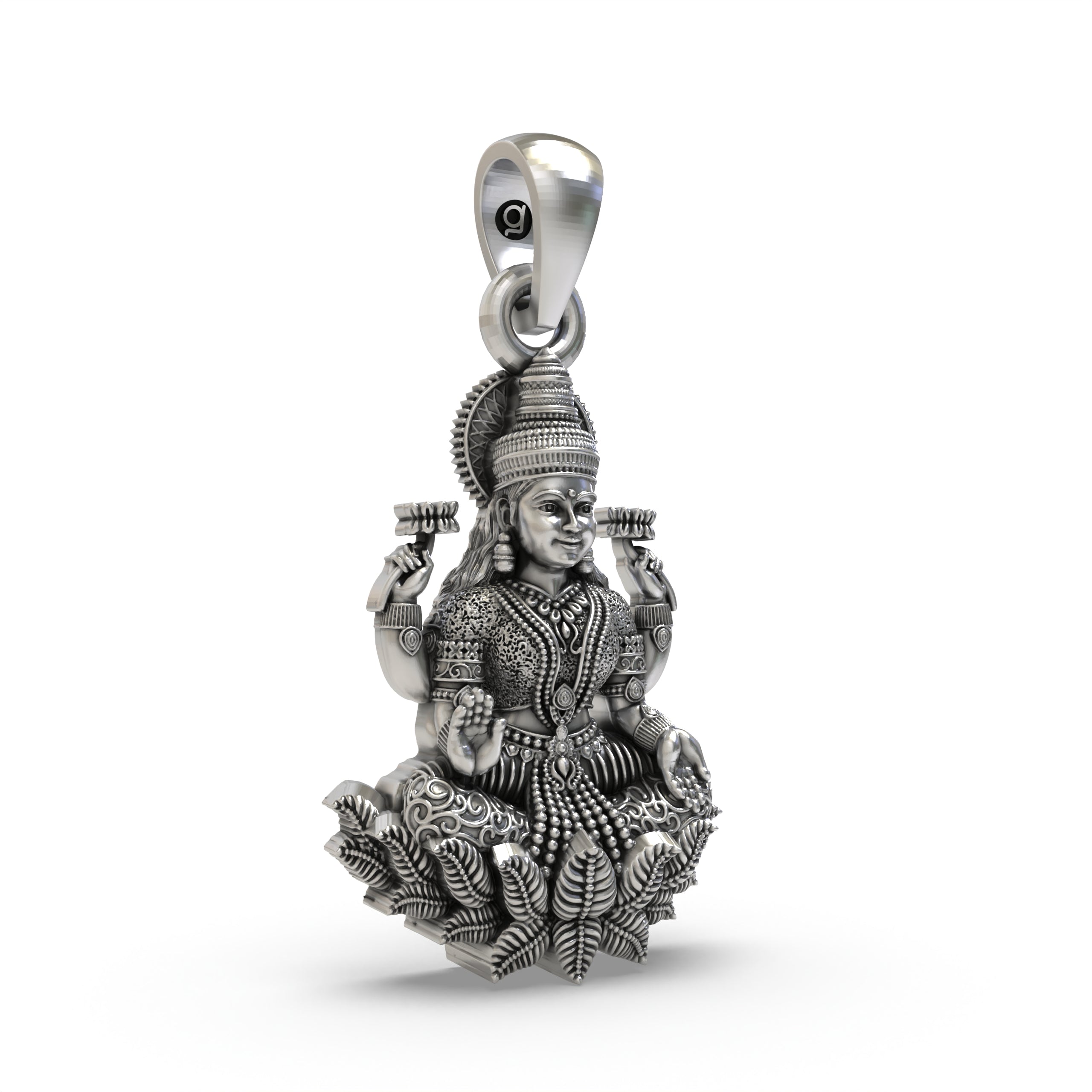 925 Sterling Silver Lakshmi Pendant — Goddess Mahalakshmi on Lotus with Blessings & Lotus Flowers, Handmade Temple Jewellery