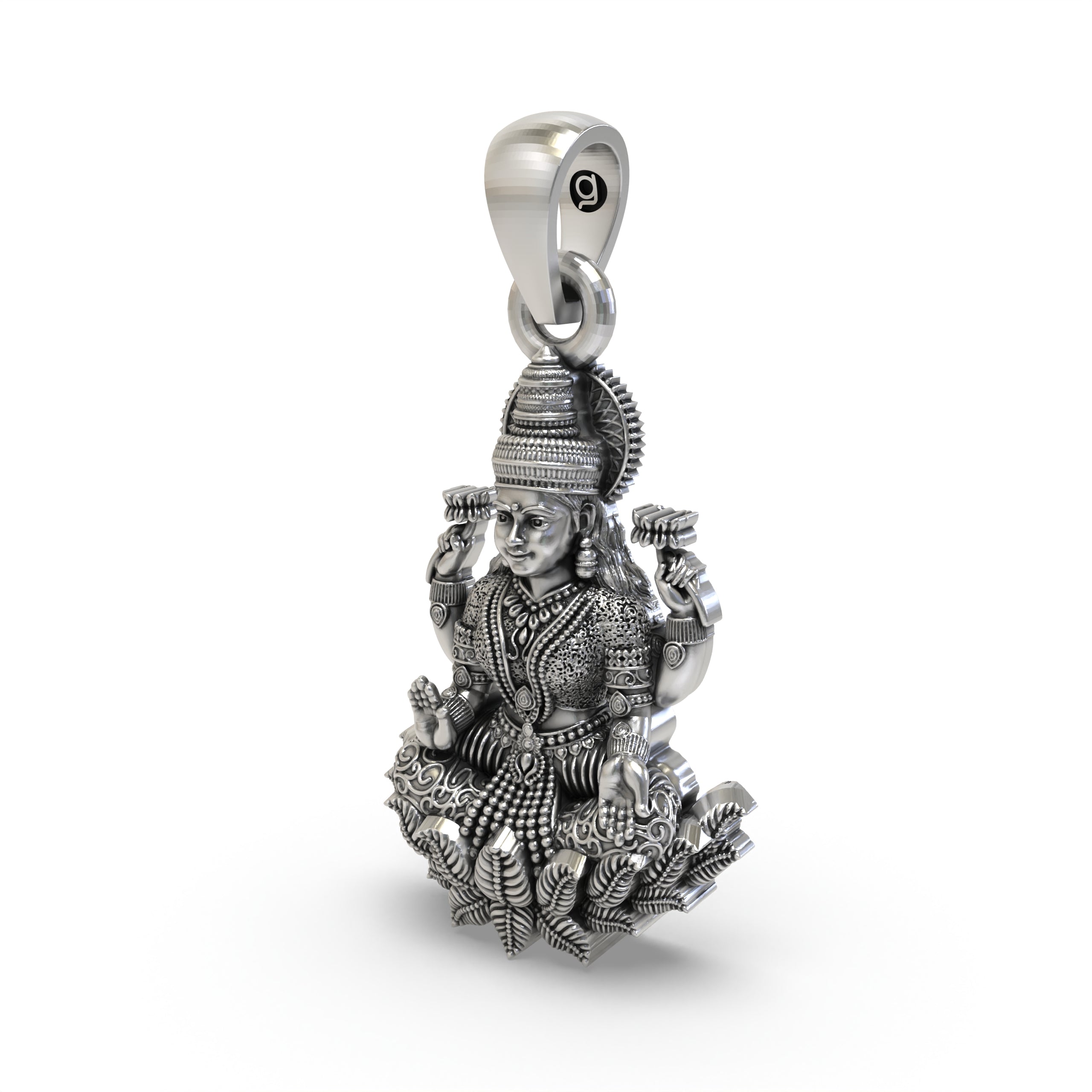 925 Sterling Silver Lakshmi Pendant — Goddess Mahalakshmi on Lotus with Blessings & Lotus Flowers, Handmade Temple Jewellery