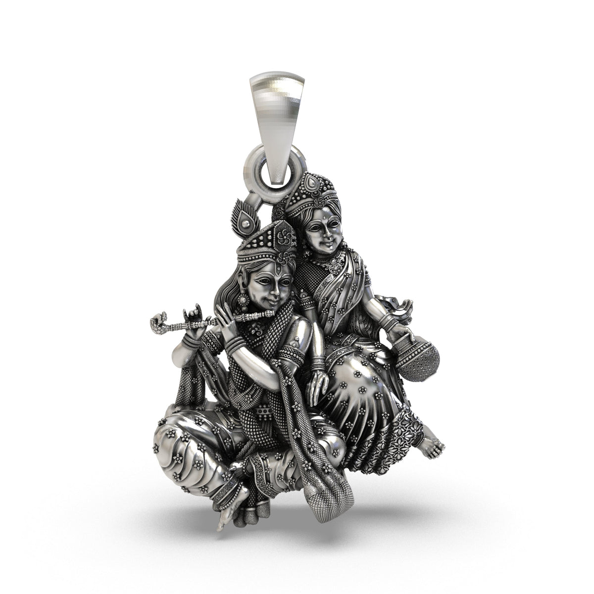 925 Sterling Silver Radha Krishna Makhan Matki Sitting Pendant – Flute-Playing Vrindavan Idol Necklace, Handcrafted Devotional Hindu Gift