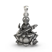 925 Sterling Silver Goddess Saraswati Pendant – Veena on Lotus with Swan Idol Necklace, Handcrafted Devotional Hindu Jewelry Gift