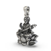 925 Sterling Silver Goddess Saraswati Pendant – Veena on Lotus with Swan Idol Necklace, Handcrafted Devotional Hindu Jewelry Gift