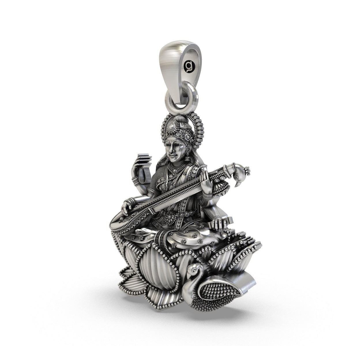 925 Sterling Silver Goddess Saraswati Pendant – Veena on Lotus with Swan Idol Necklace, Handcrafted Devotional Hindu Jewelry Gift