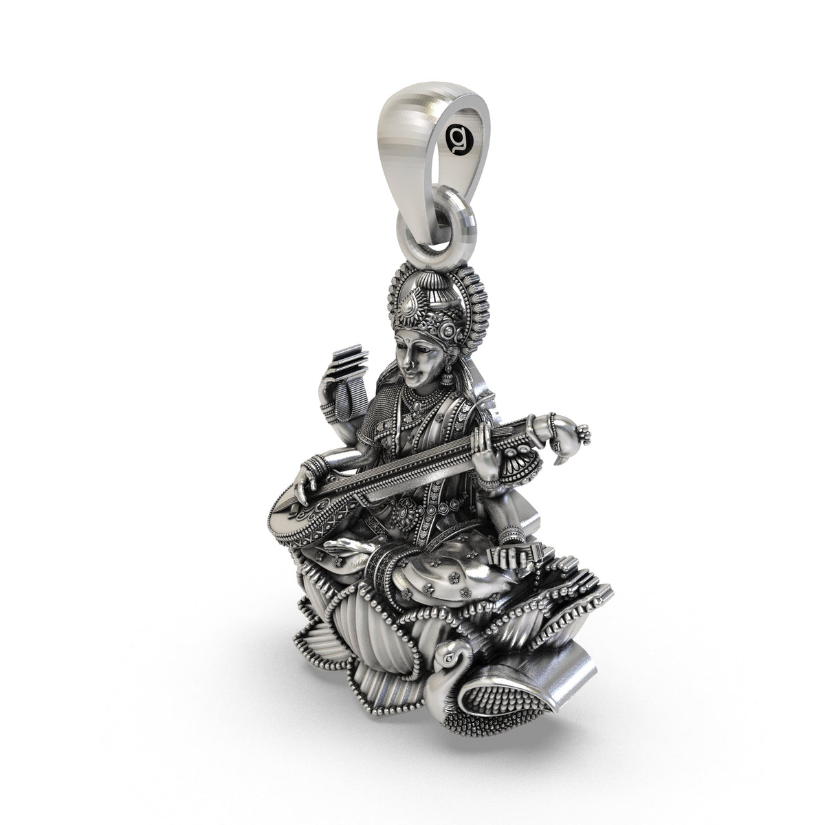 925 Sterling Silver Goddess Saraswati Pendant – Veena on Lotus with Swan Idol Necklace, Handcrafted Devotional Hindu Jewelry Gift