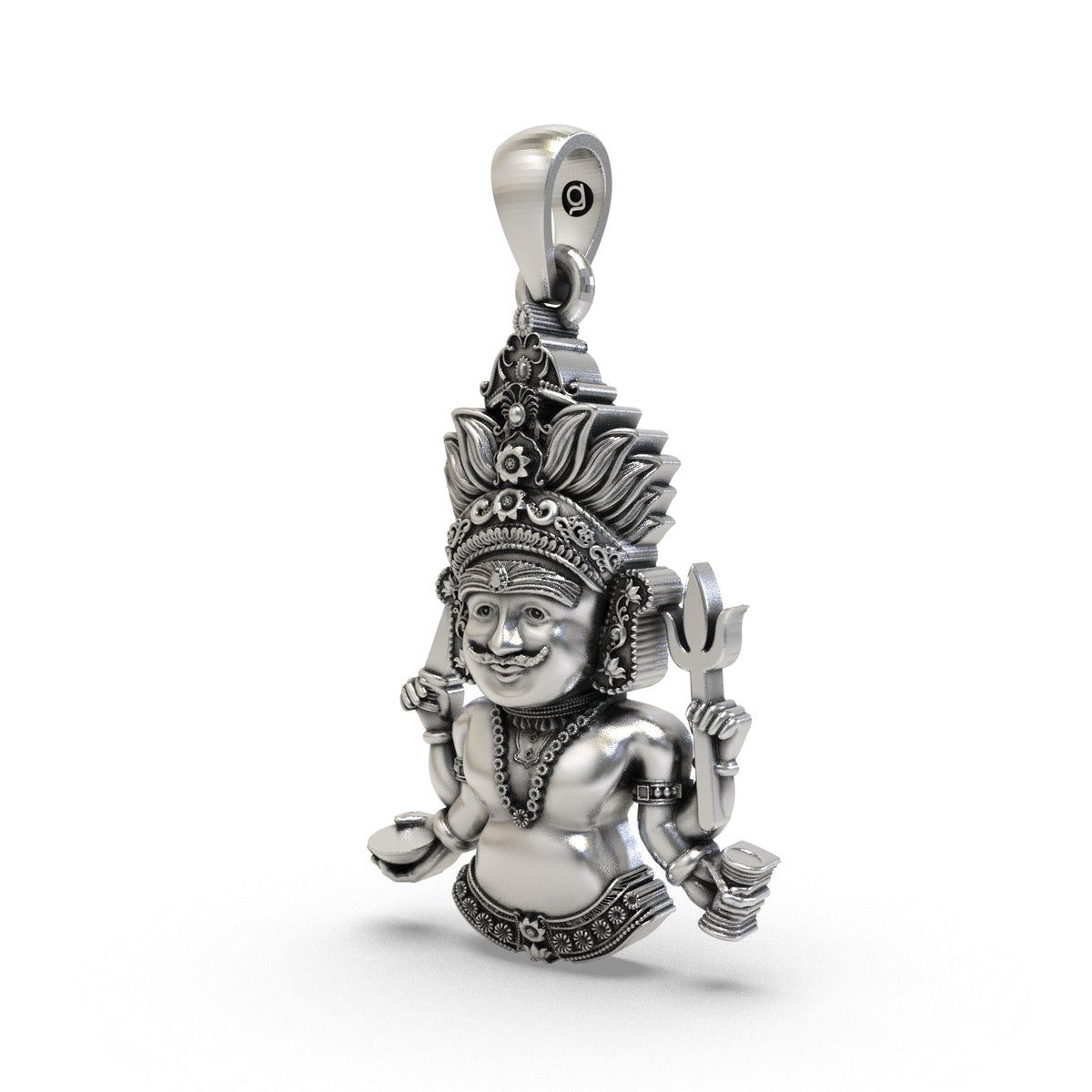 Handcrafted 925 sterling silver Nakoda Bhairav deity pendant for protection front view.