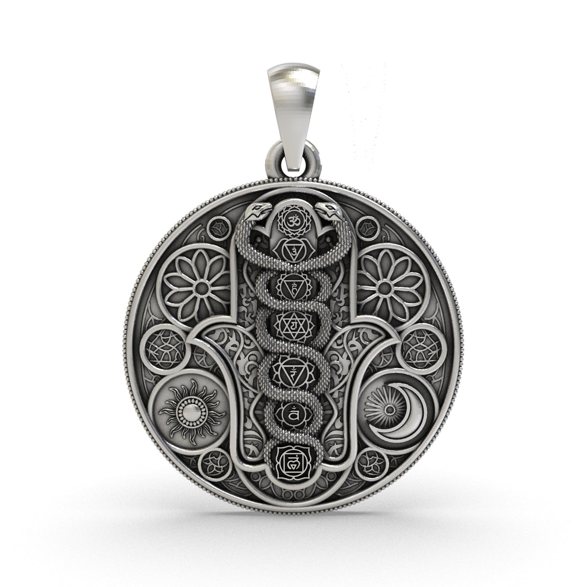 Oxidized 925 Silver Hamsa Pendant with Chakra Symbols