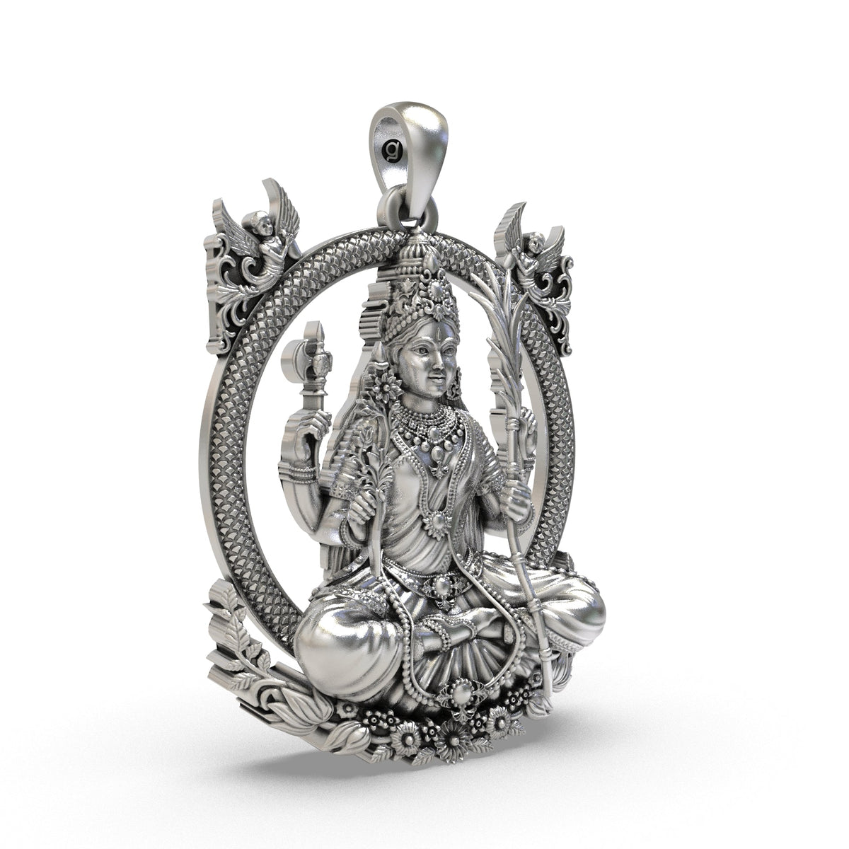 Handcrafted 925 silver goddess pendant angle view