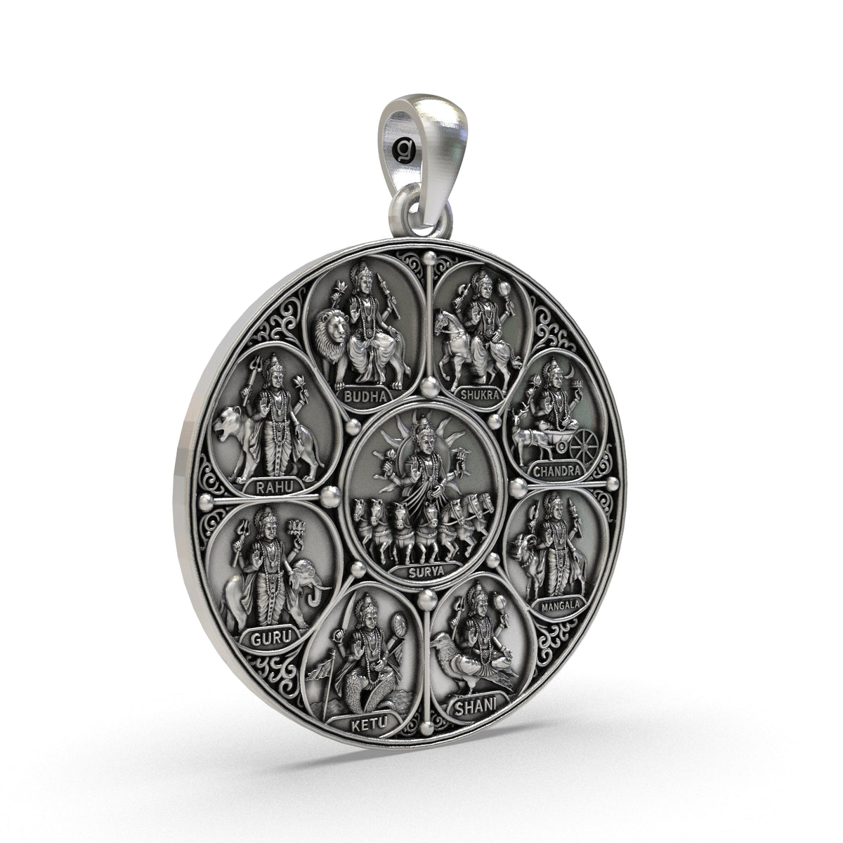 Antique oxidized 925 silver Navagraha pendant