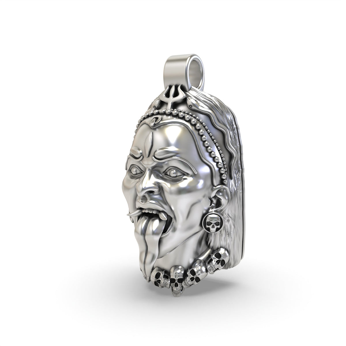 Kali Maa silver pendant displayed on hand