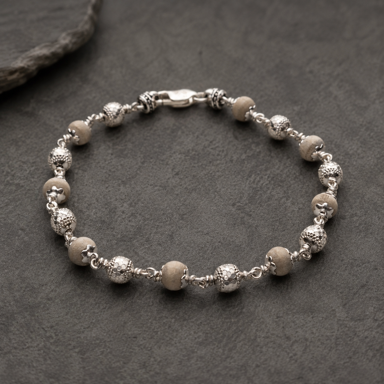 Handcrafted Tulsi bracelet with detailed 925 silver Om beads