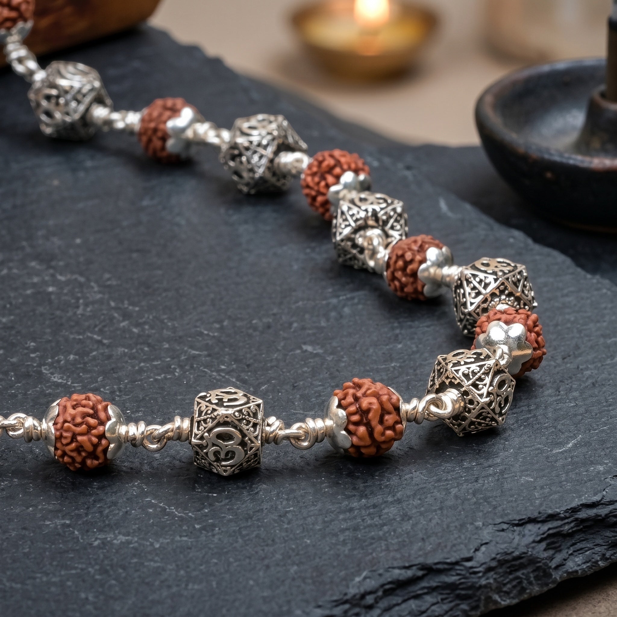 925 silver Hexagon Om Rudraksha Mala authenticity certificate
