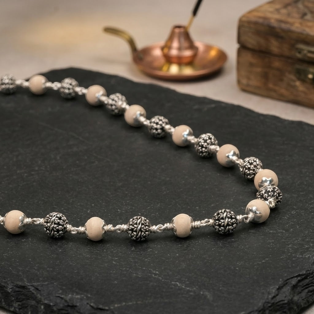 Premium Tulsi Mala with 925 Silver Flower Beads