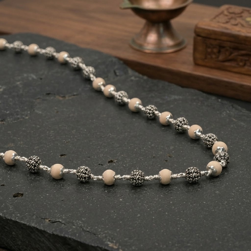 Close-up of flower-shaped silver beads on Tulsi mala
