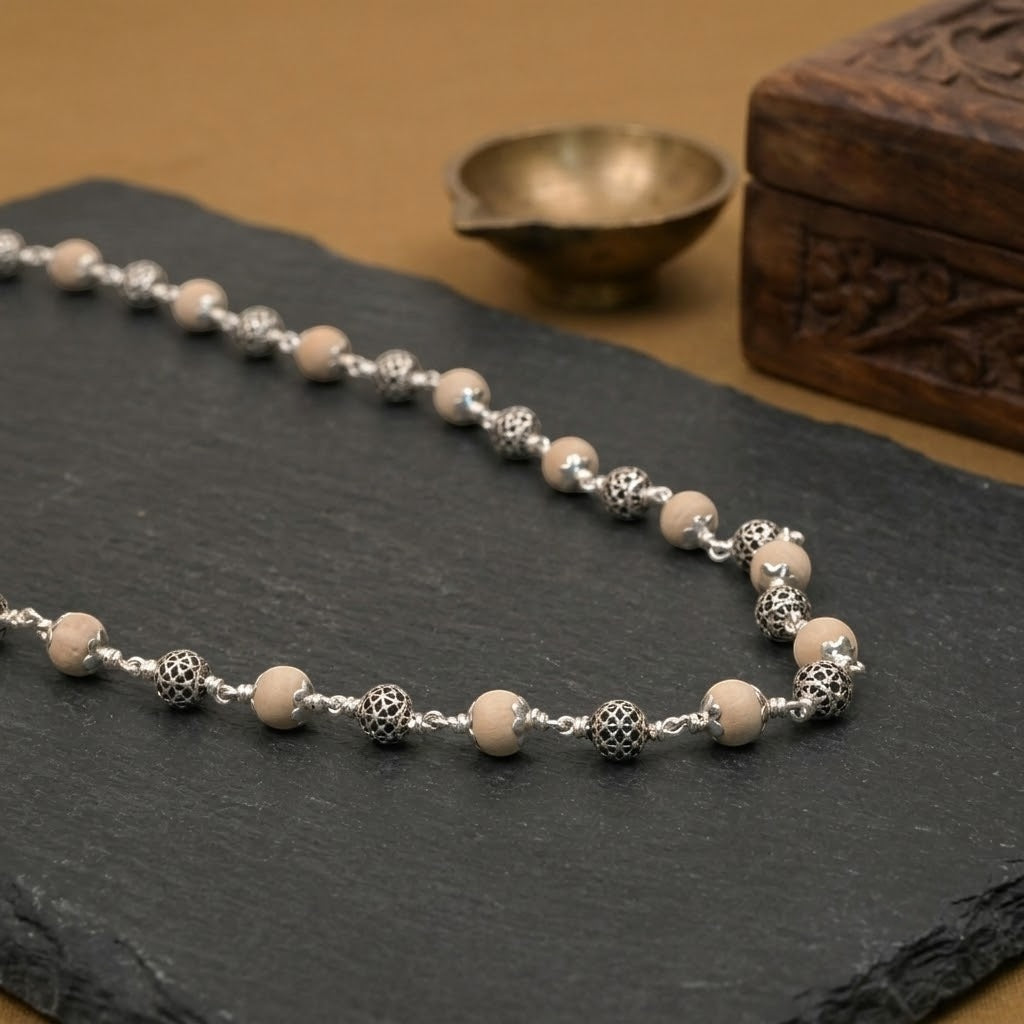 Premium Tulsi Mala with Round 925 Silver Beads