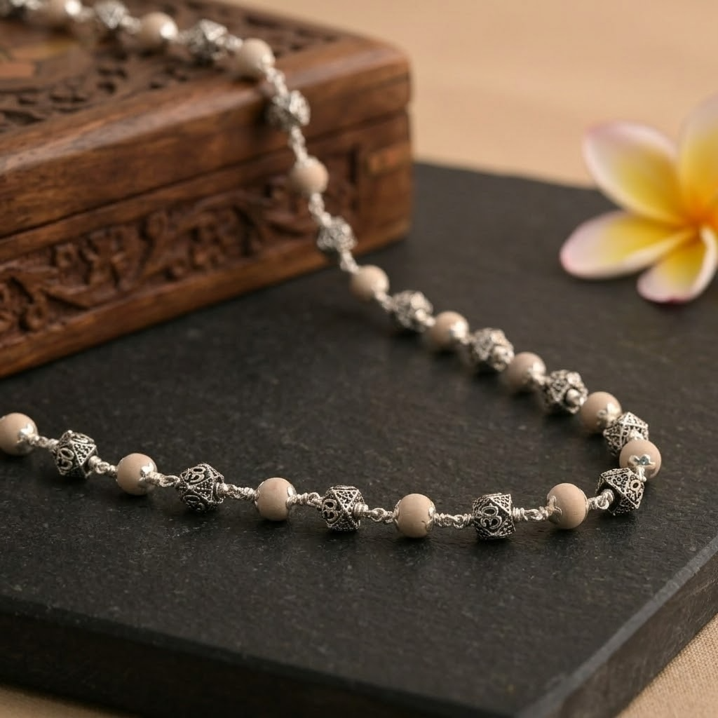 Tulsi mala with hexagon Om 925 silver beads
