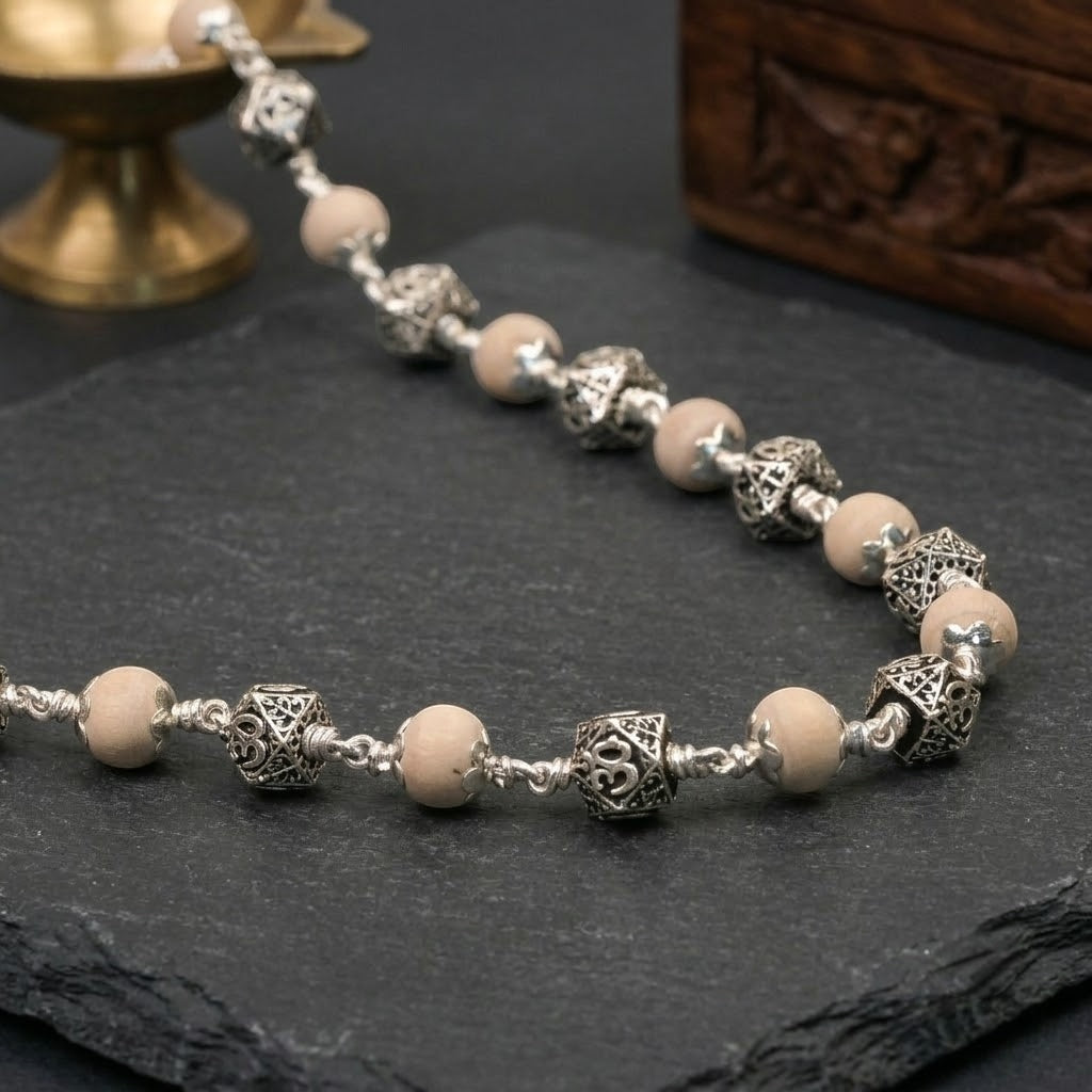 Premium Tulsi Mala with Hexagon Om 925 Silver Beads