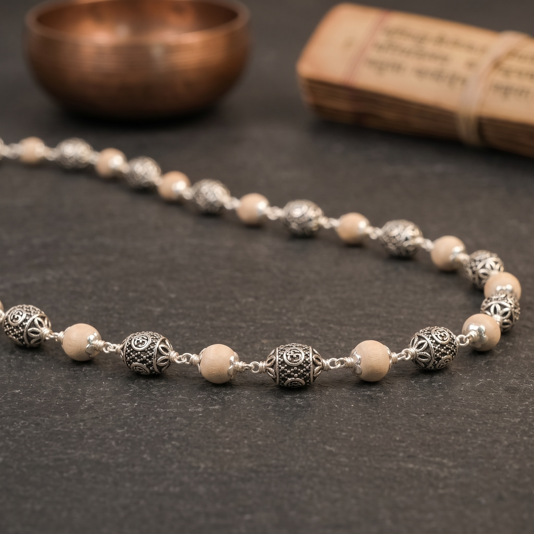 Premium Tulsi Mala with Oval Om 925 Silver Beads