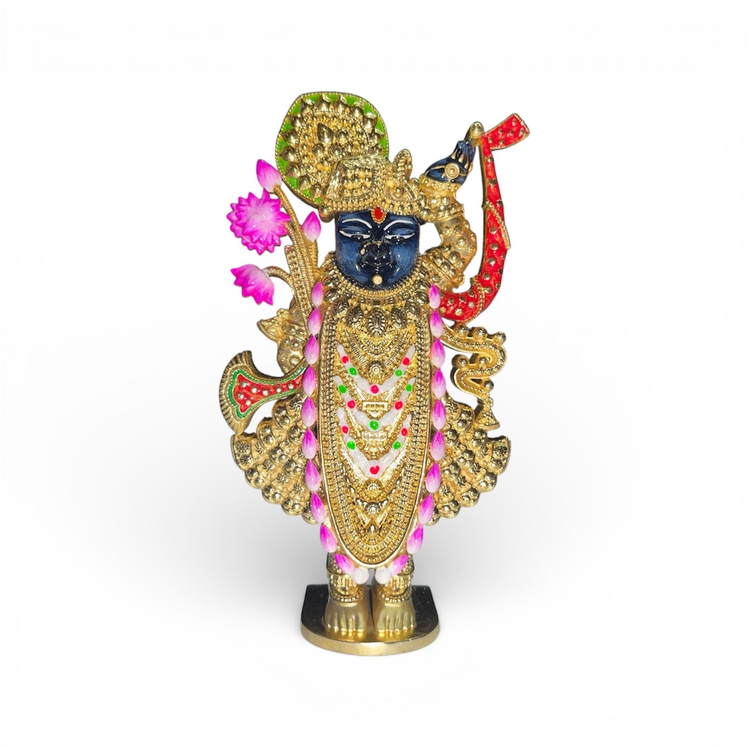 Shreenathji Murti Pure 925 Sterling Silver Idol | Gold Polish + Meena (Mina) Work | Nathdwara Srinathji Krishna Mandir Pooja Gift