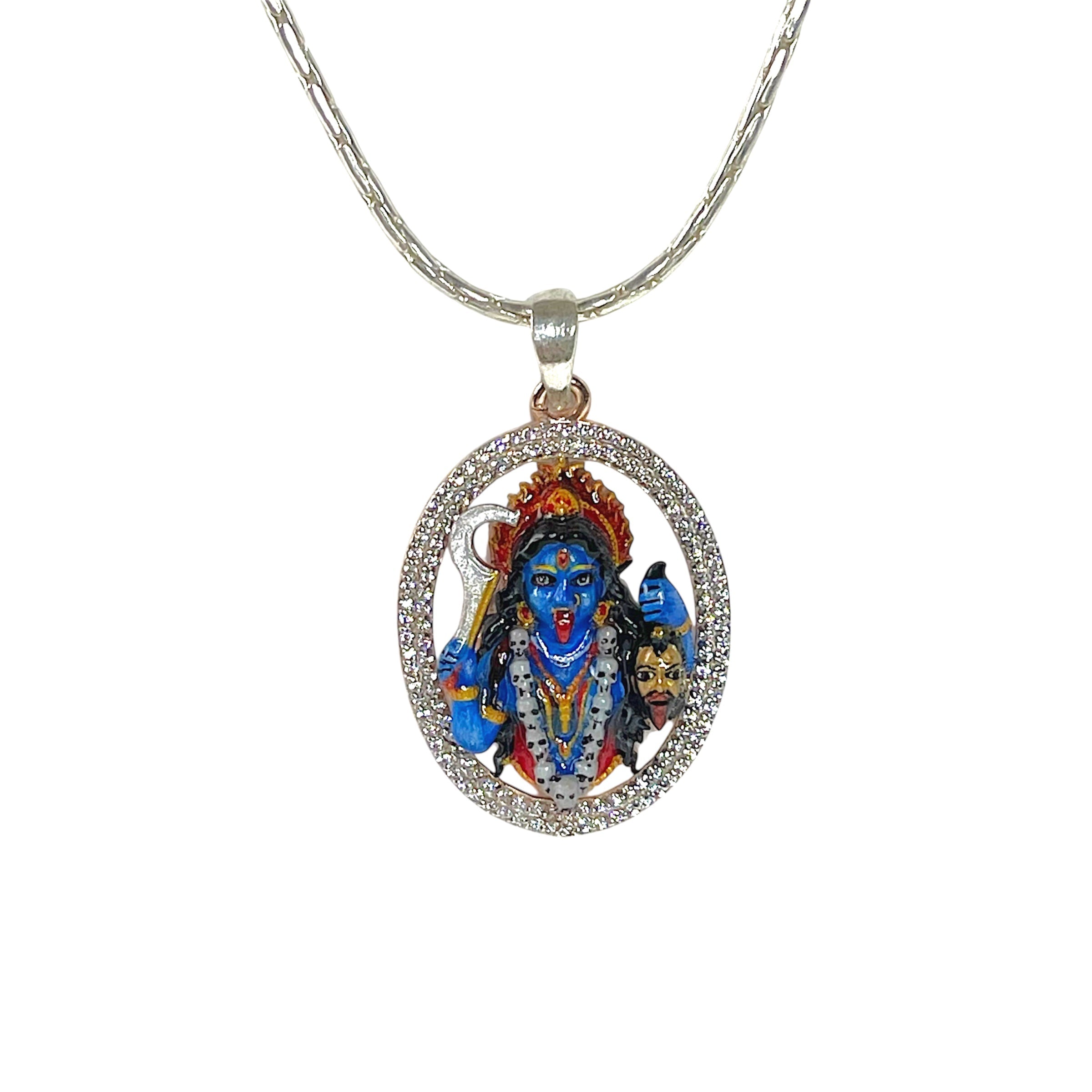 925 Sterling Silver Kali Maa Pendant with Premium Mina Work & Diamond Work | Divine Mahakali Protection Locket for Men & Women