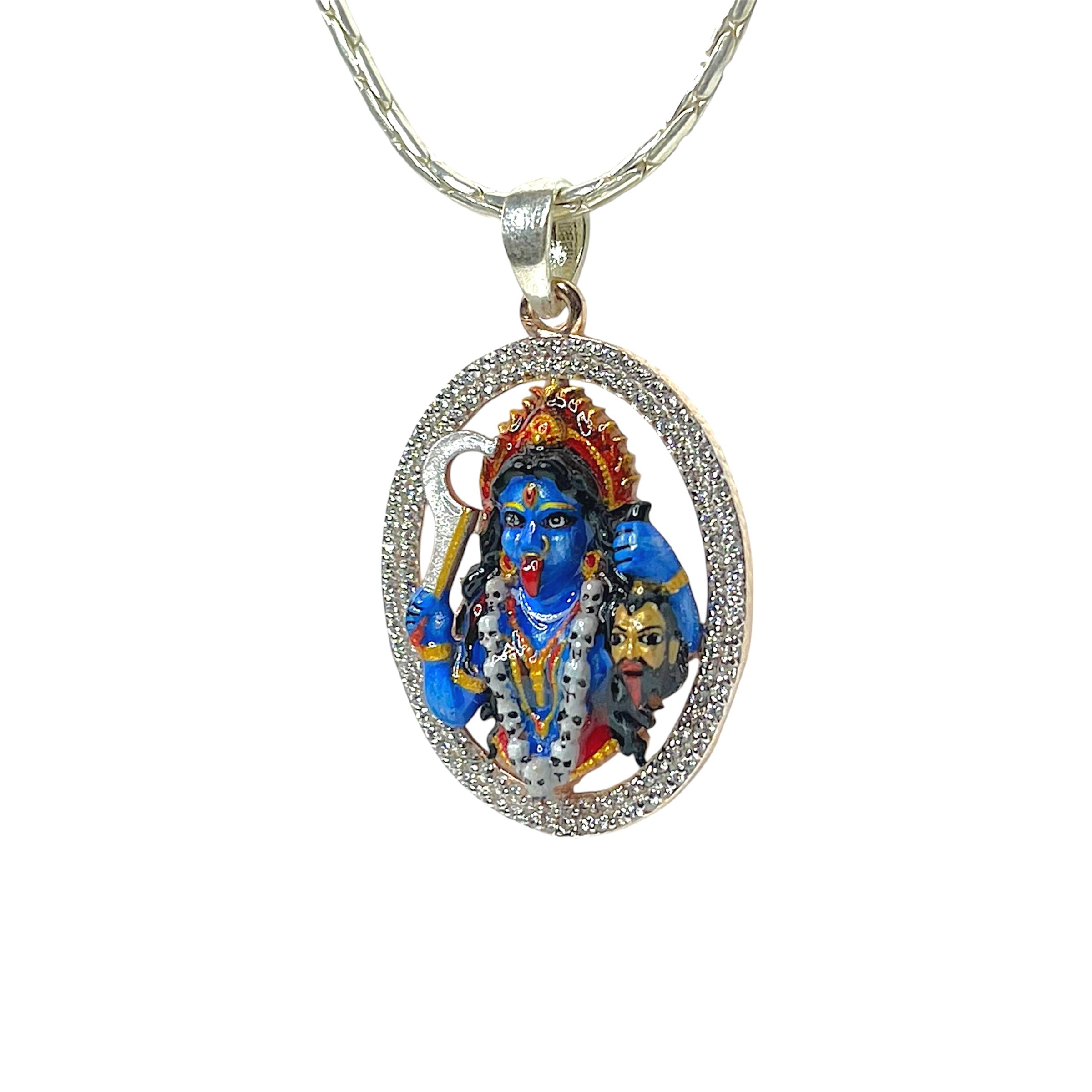 925 Sterling Silver Kali Maa Pendant with Premium Mina Work & Diamond Work | Divine Mahakali Protection Locket for Men & Women
