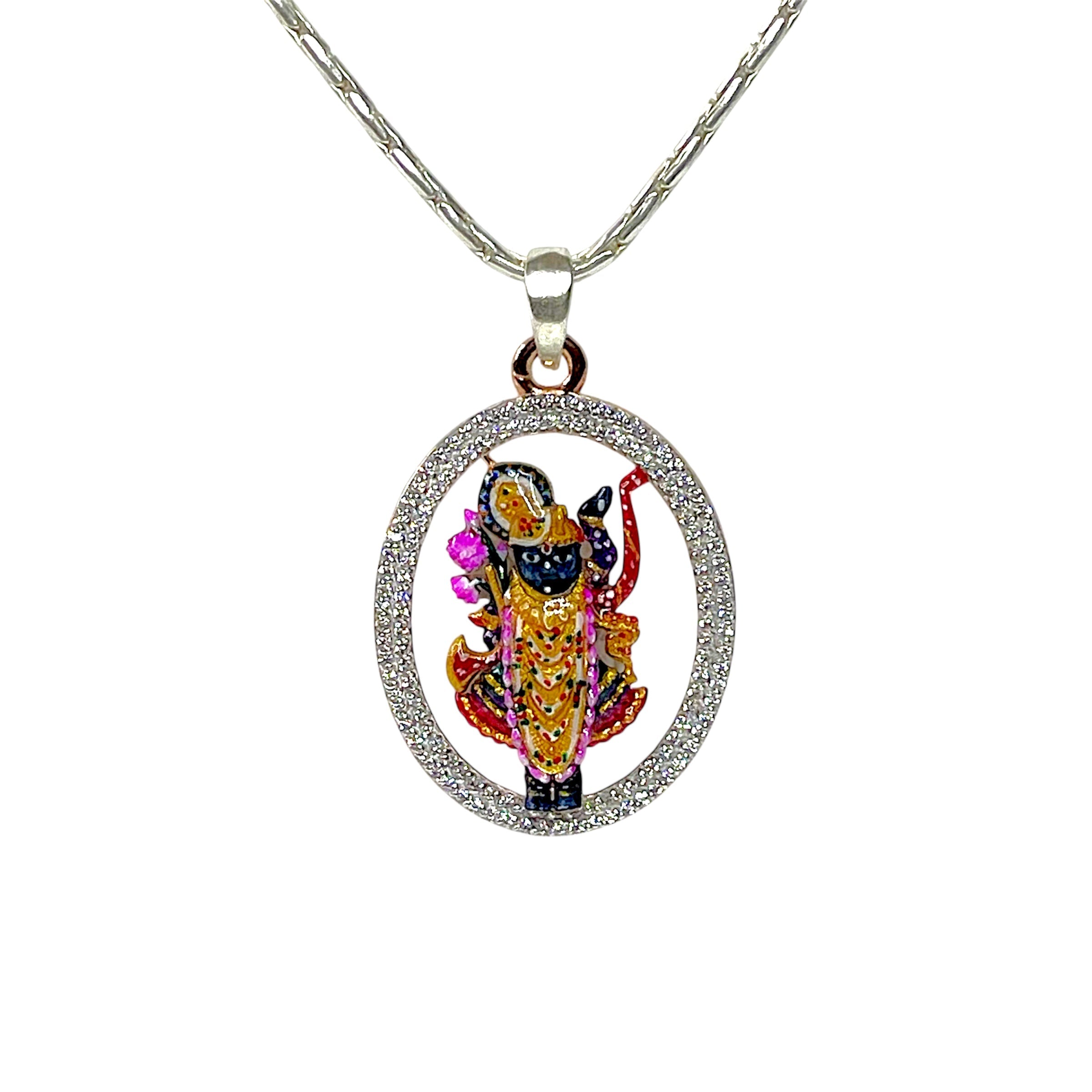 925 Sterling Silver Shrinathji Pendant with Premium Meena Work & Diamond Work | Divine Krishna Locket for Men & Women