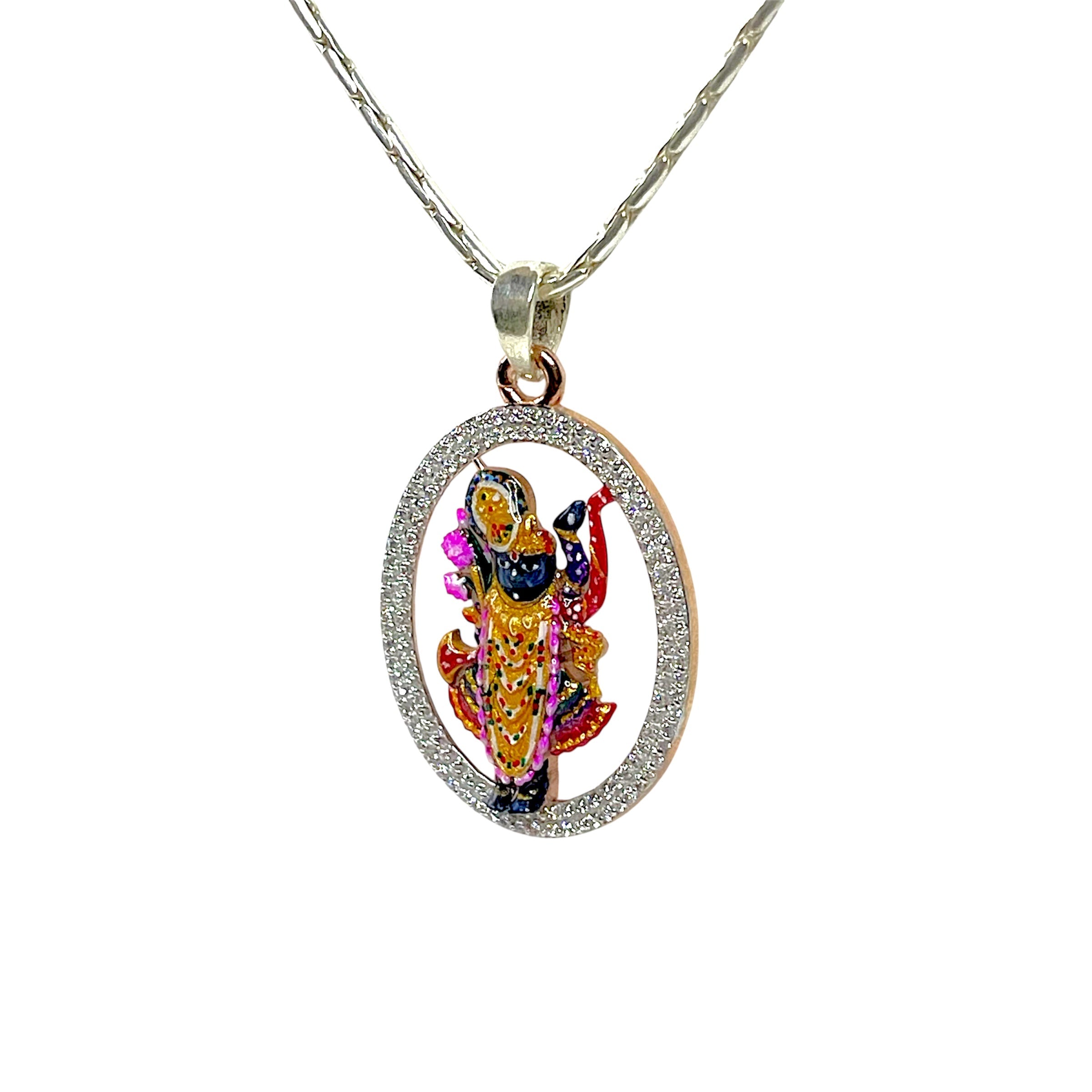 925 Sterling Silver Shrinathji Pendant with Premium Meena Work & Diamond Work | Divine Krishna Locket for Men & Women