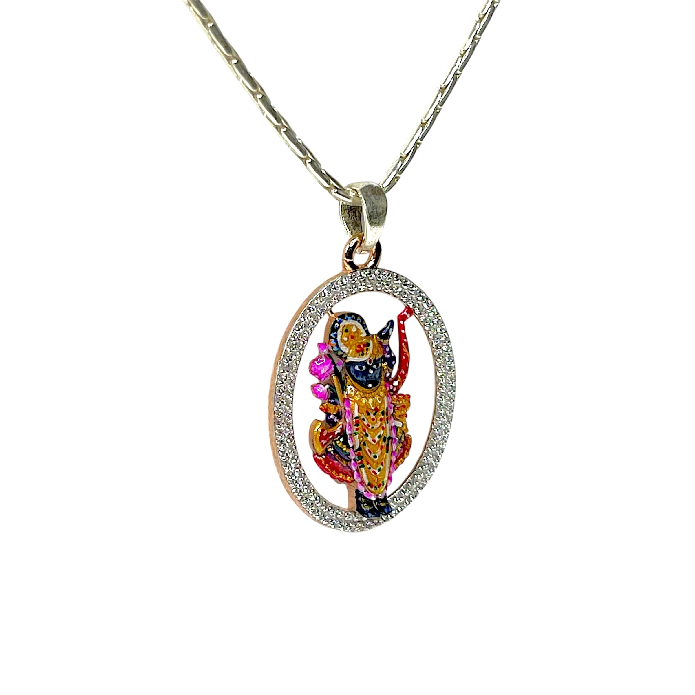 925 Sterling Silver Shrinathji Pendant with Premium Meena Work & Diamond Work | Divine Krishna Locket for Men & Women