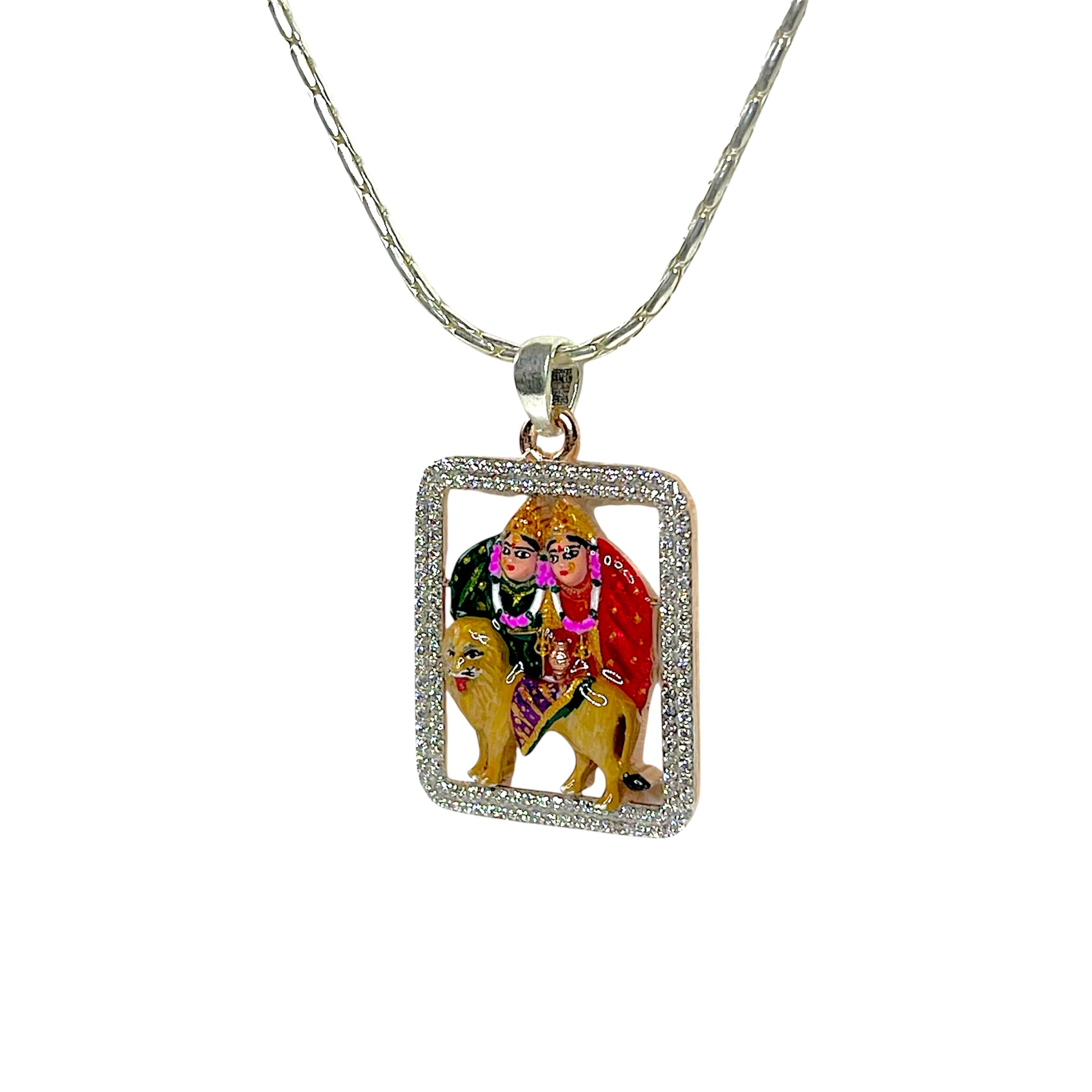 925 Sterling Silver Chamunda Maa Pendant with Premium Mina Work & Diamond Work | Divine Protection Locket for Men & Women