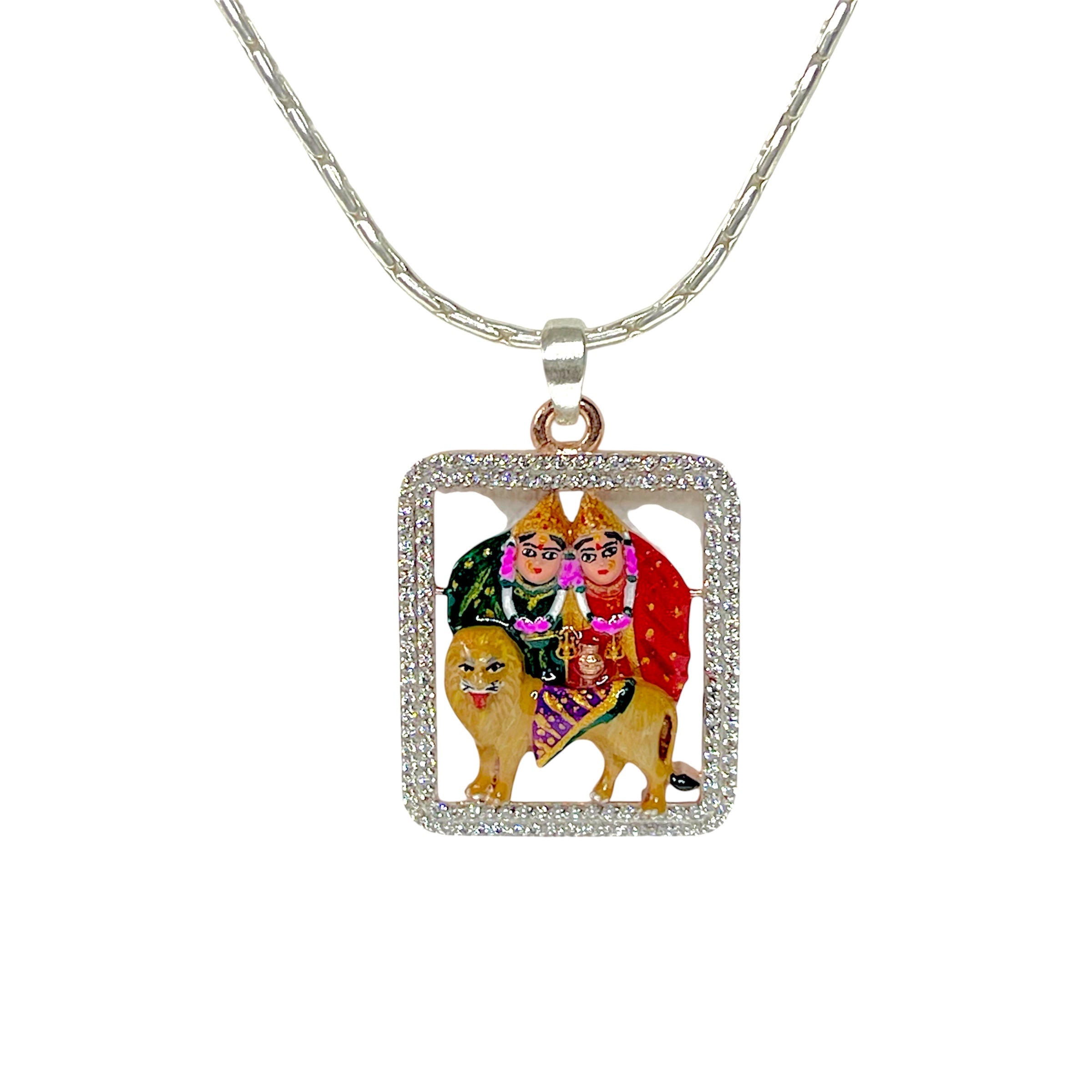 925 Sterling Silver Chamunda Maa Pendant with Premium Mina Work & Diamond Work | Divine Protection Locket for Men & Women