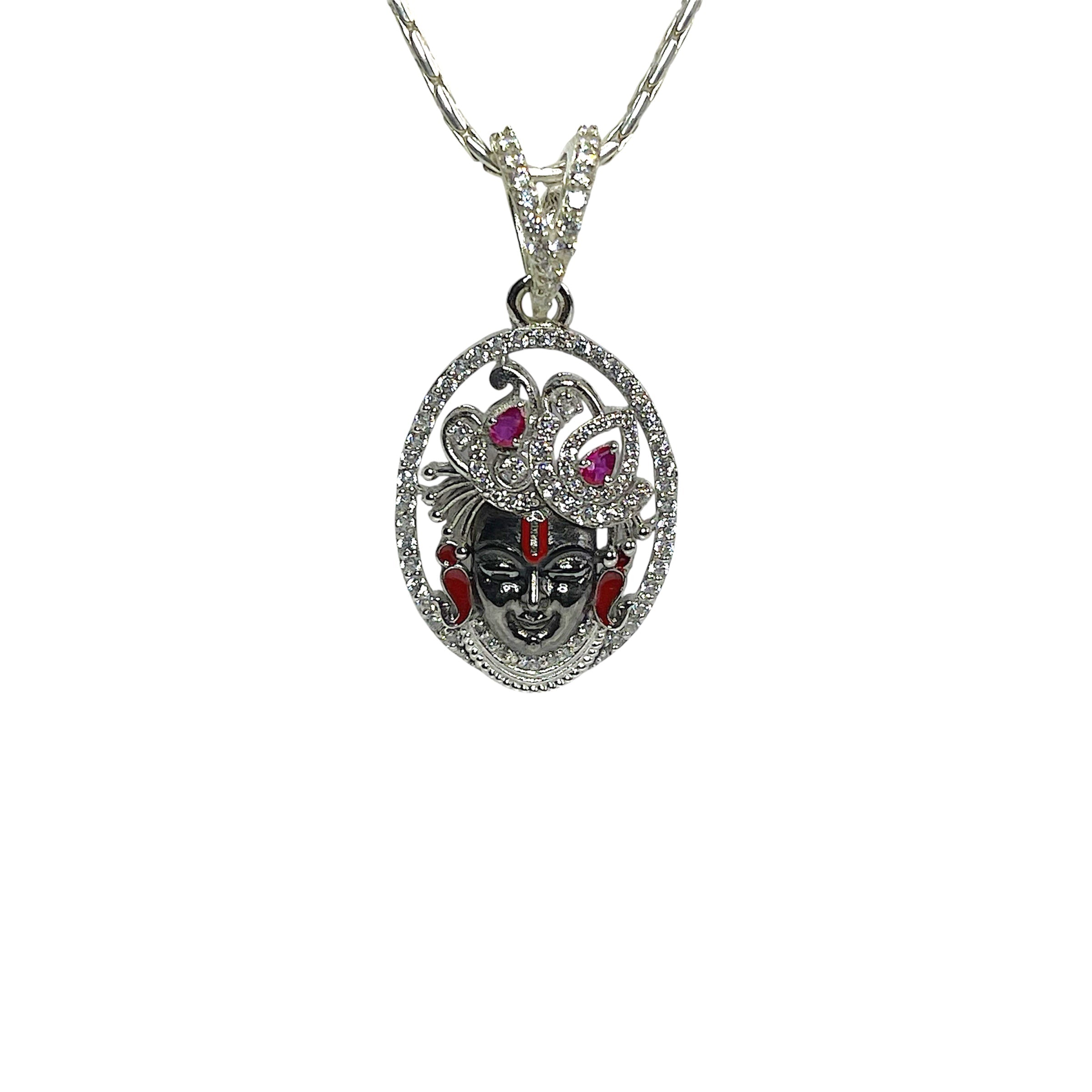 925 Sterling Silver Shrinathji Face Pendant with Premium Mina Work & Diamond Work | Divine Krishna Locket for Men & Women