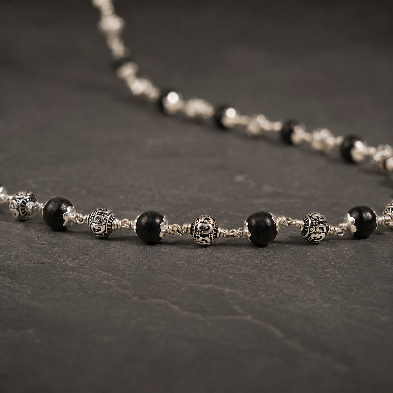Karungali Mala with 925 Silver Om Beads – 54 Beads