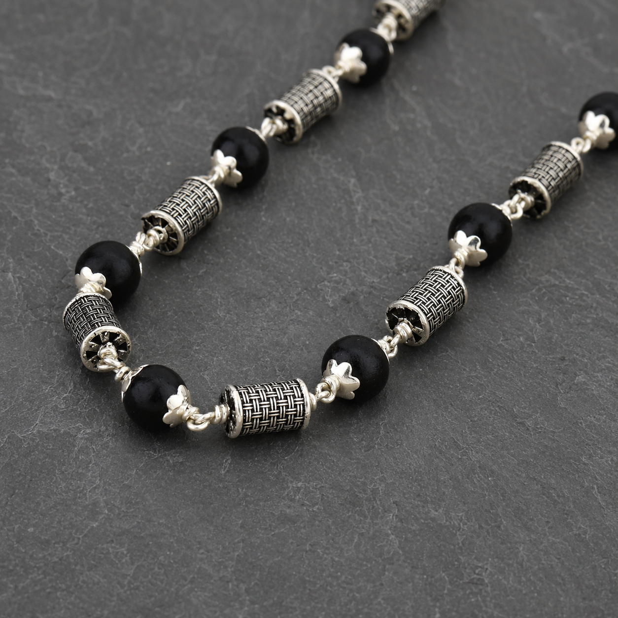 Karungali Mala with 925 Silver Cylindrical Beads – 32 Inch