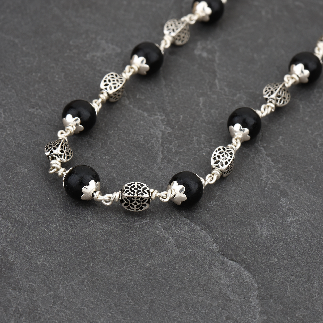 Karungali Mala with 925 Silver Oval Beads – 28 Inch
