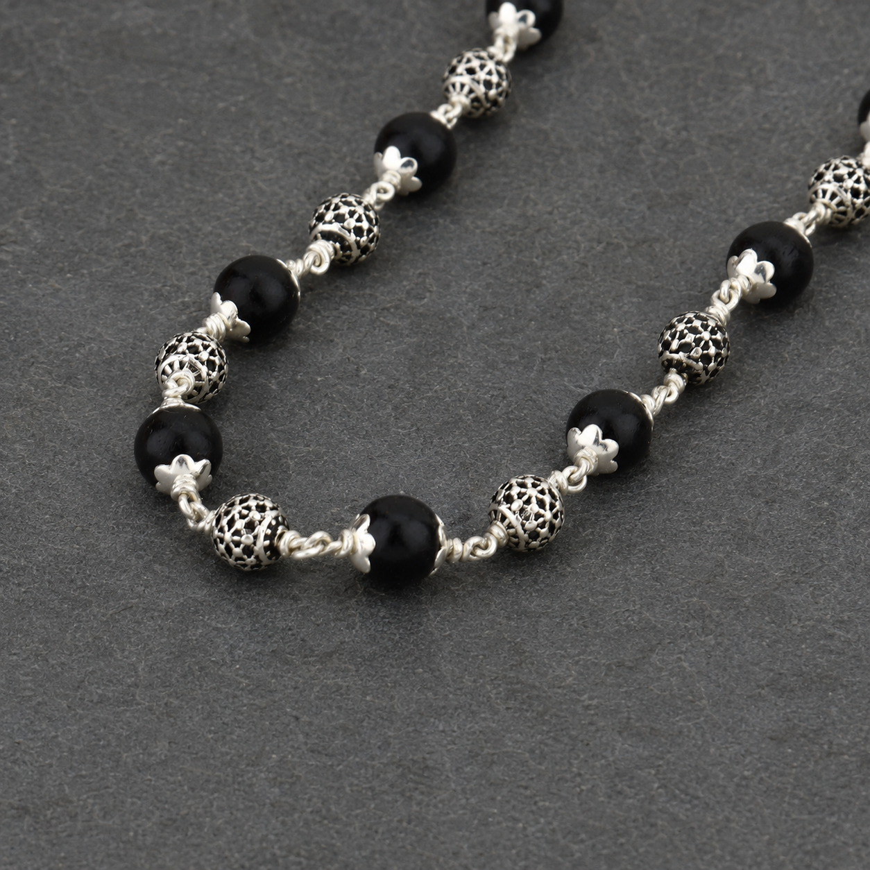 Karungali Mala with 925 Silver Round Beads – 29 Inch