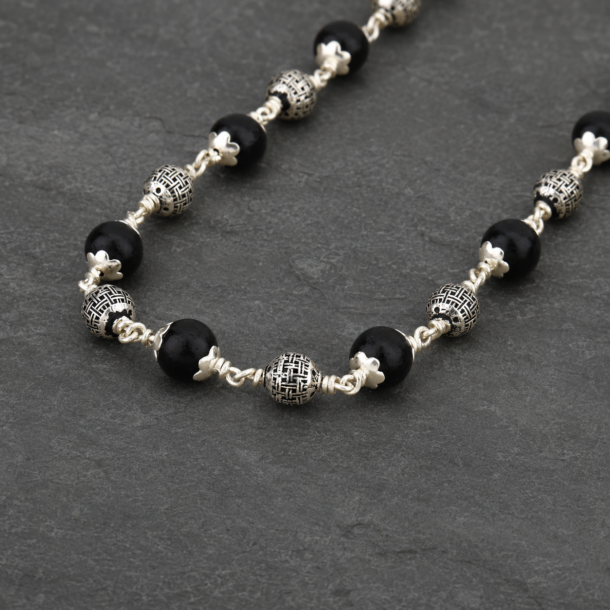Karungali Mala with 925 Silver Spherical Beads – 28 Inch