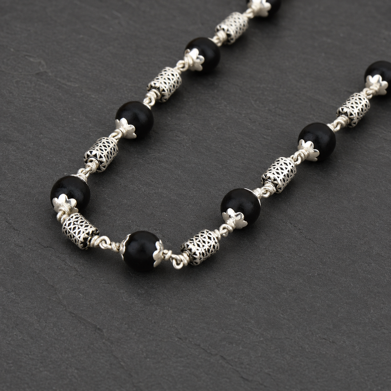 Karungali mala with 925 silver filigree oval beads front view