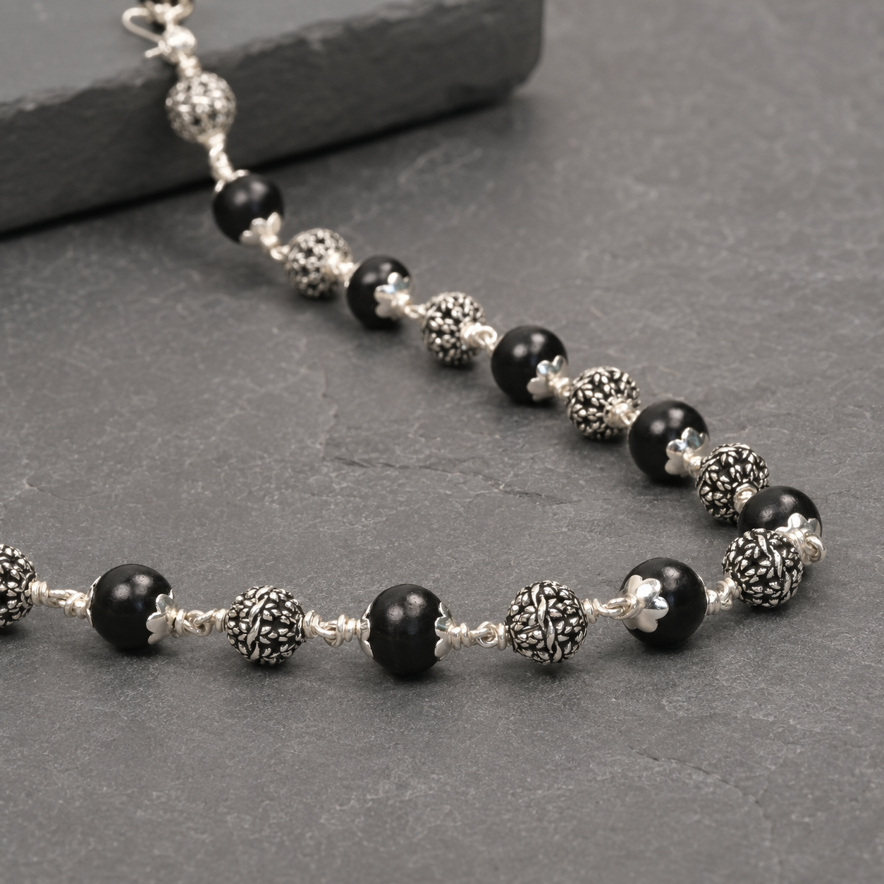 Karungali Mala with 925 Silver Flower Beads