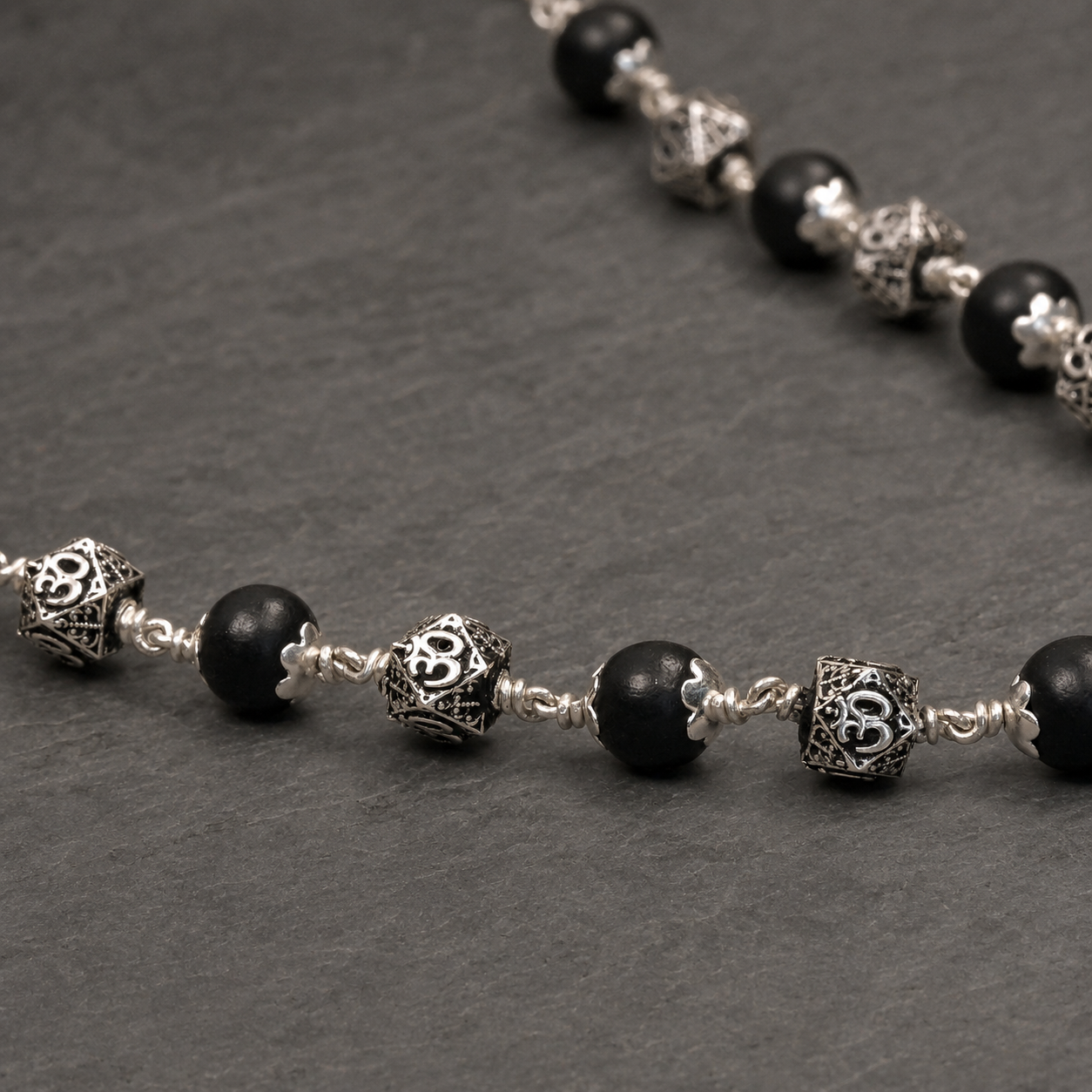 Karungali Mala with 925 Silver Hexagon Om Beads