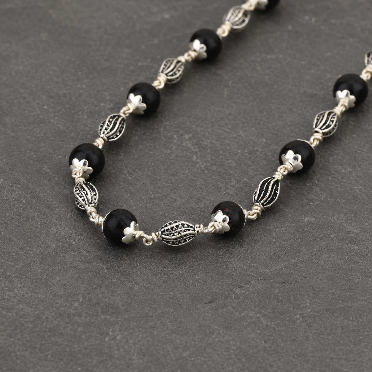 Karungali Mala with 925 Silver Marquise Beads