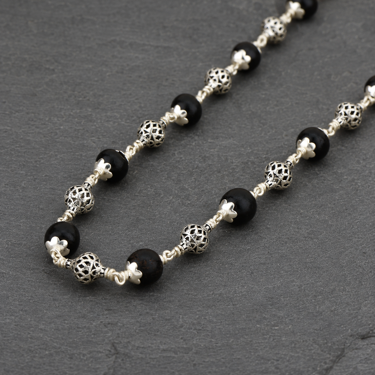 Karungali Mala with 925 Silver Ornate Sphere Beads