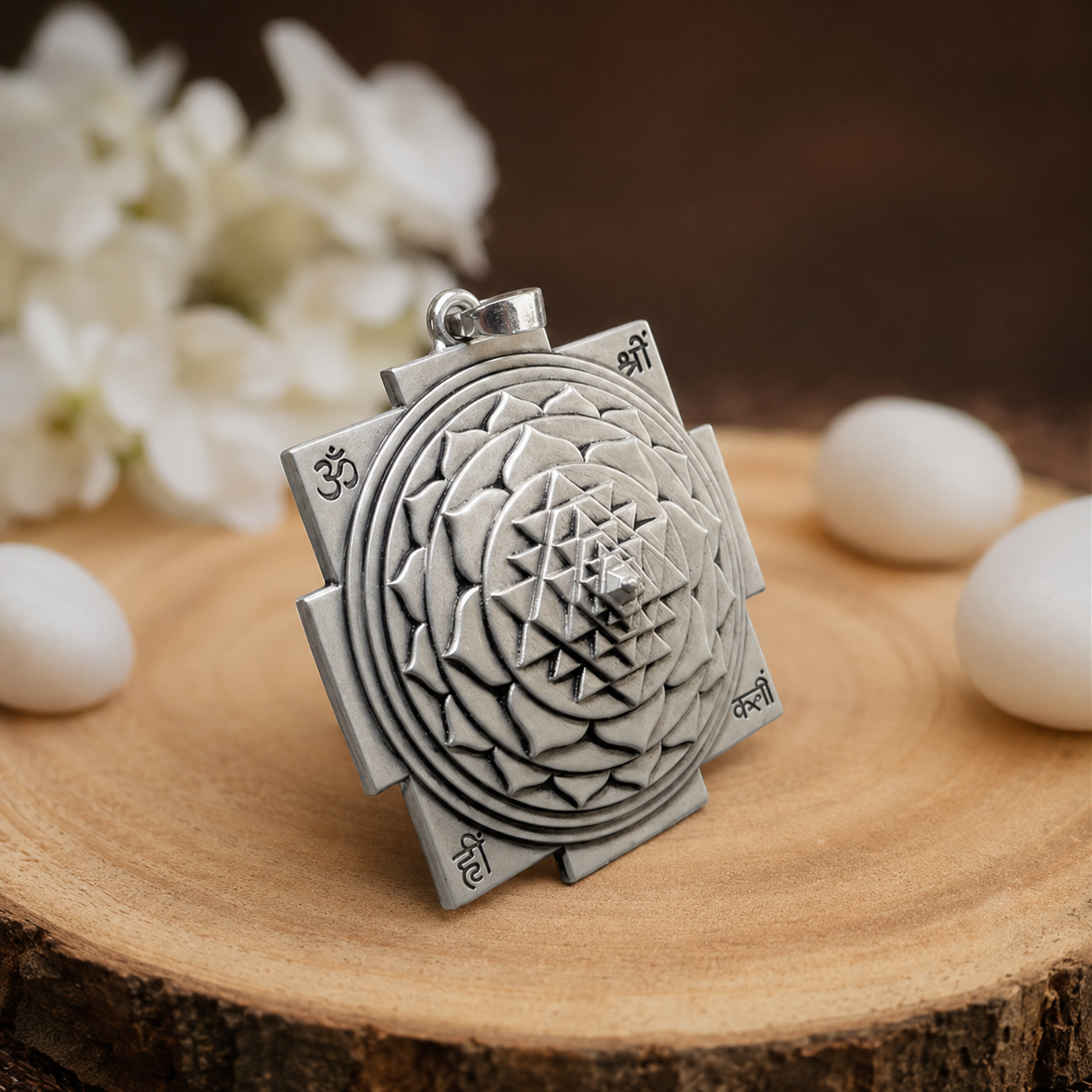 Large Shri Yantra silver pendant scale and finish view