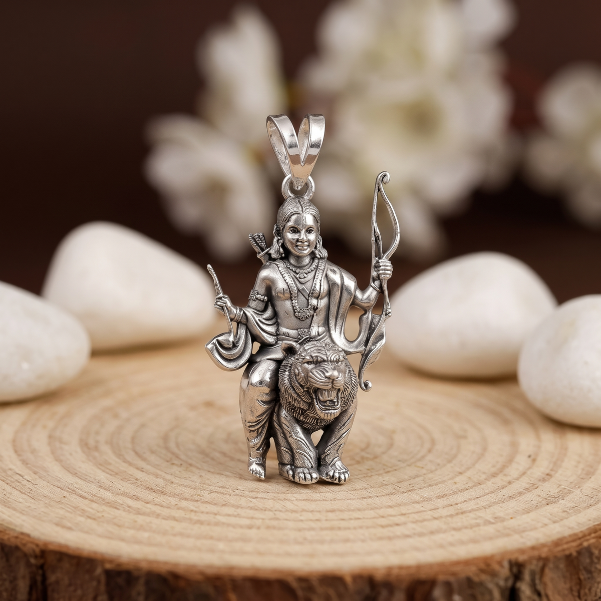 Lord Ayyappa tiger pendant in oxidized 925 sterling silver