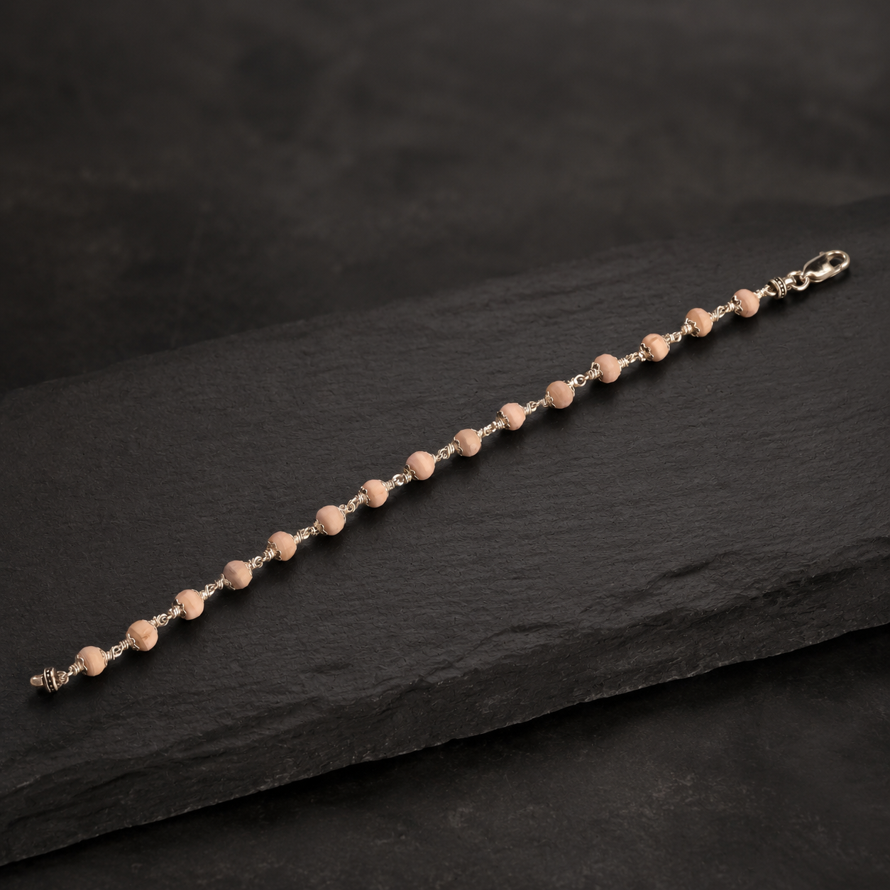 Natural 5–6 mm Tulsi beads silver bracelet front view