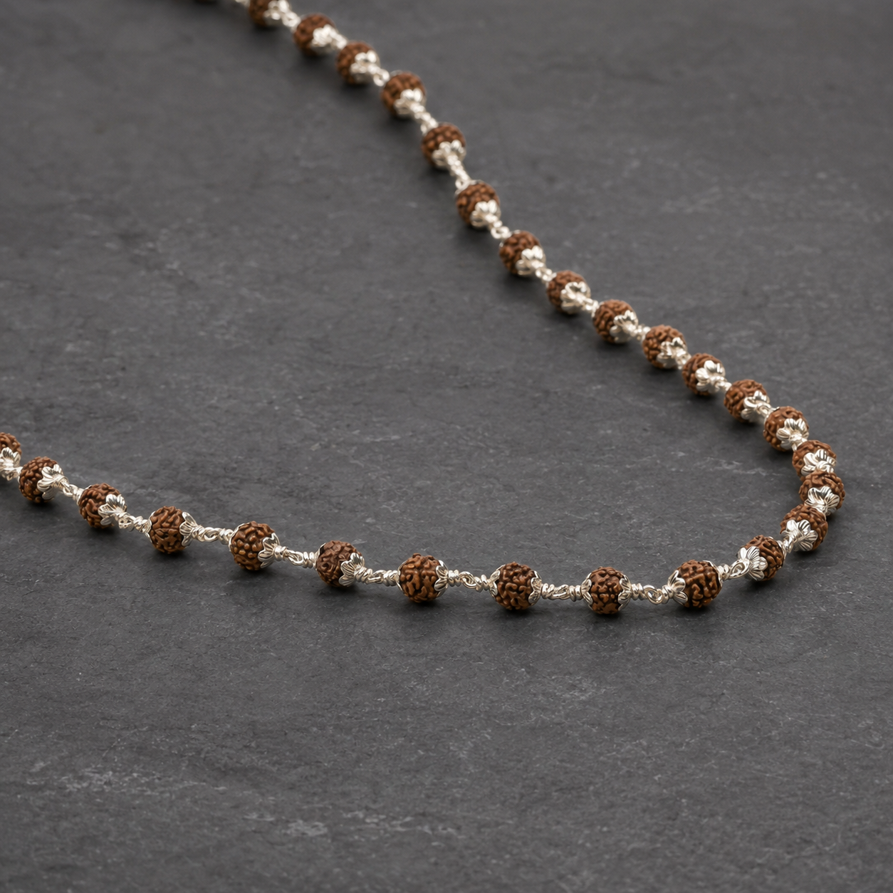 Natural 5 Mukhi Rudraksha with 925 silver links close-up