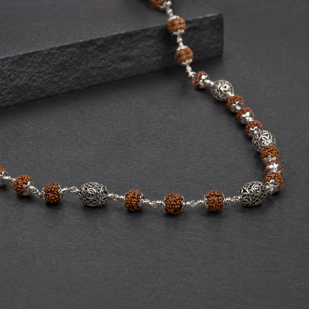 5 Mukhi Rudraksha Mala with Oval Om Beads in 925 Silver