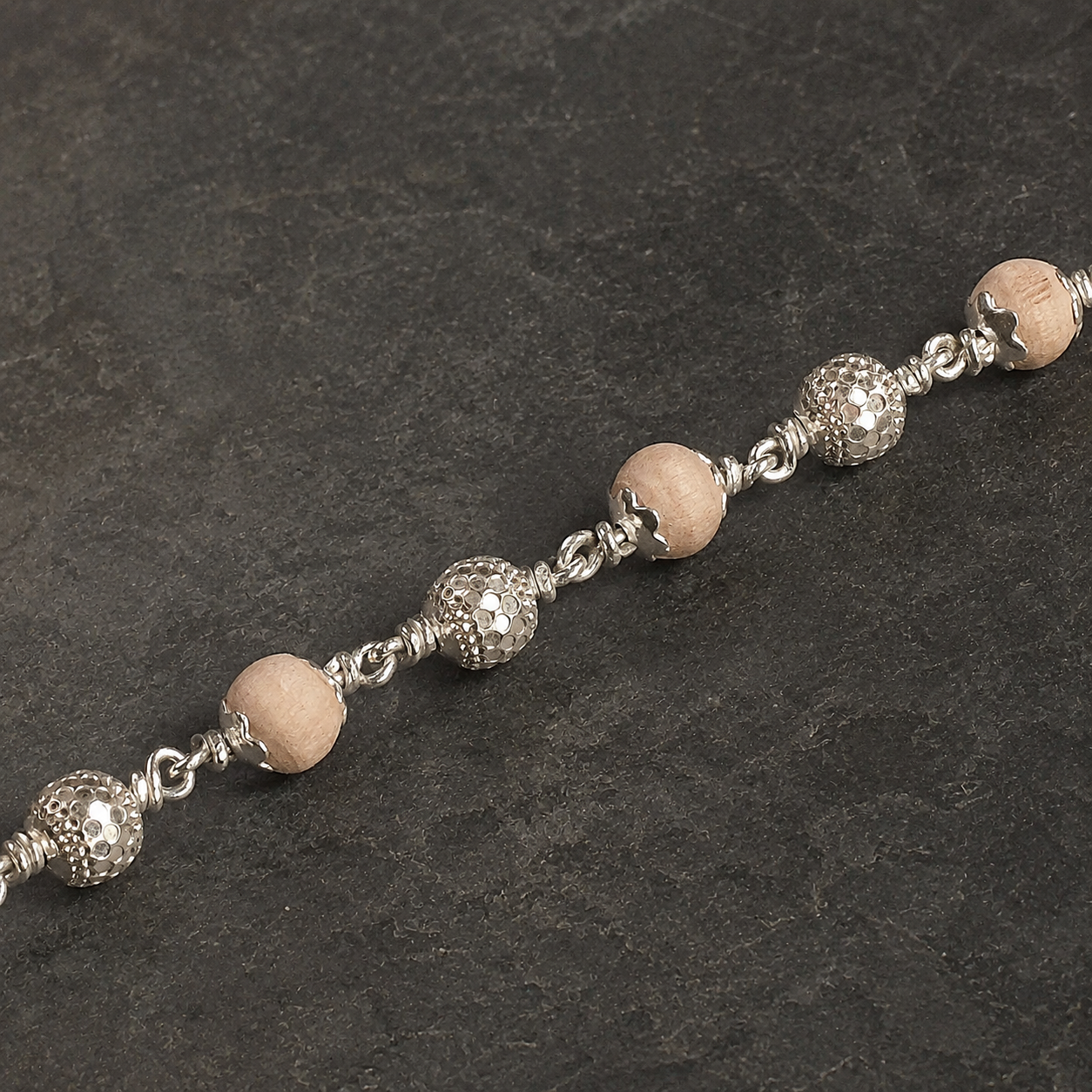 Natural Tulsi Bracelet with 925 Silver CNC Beads