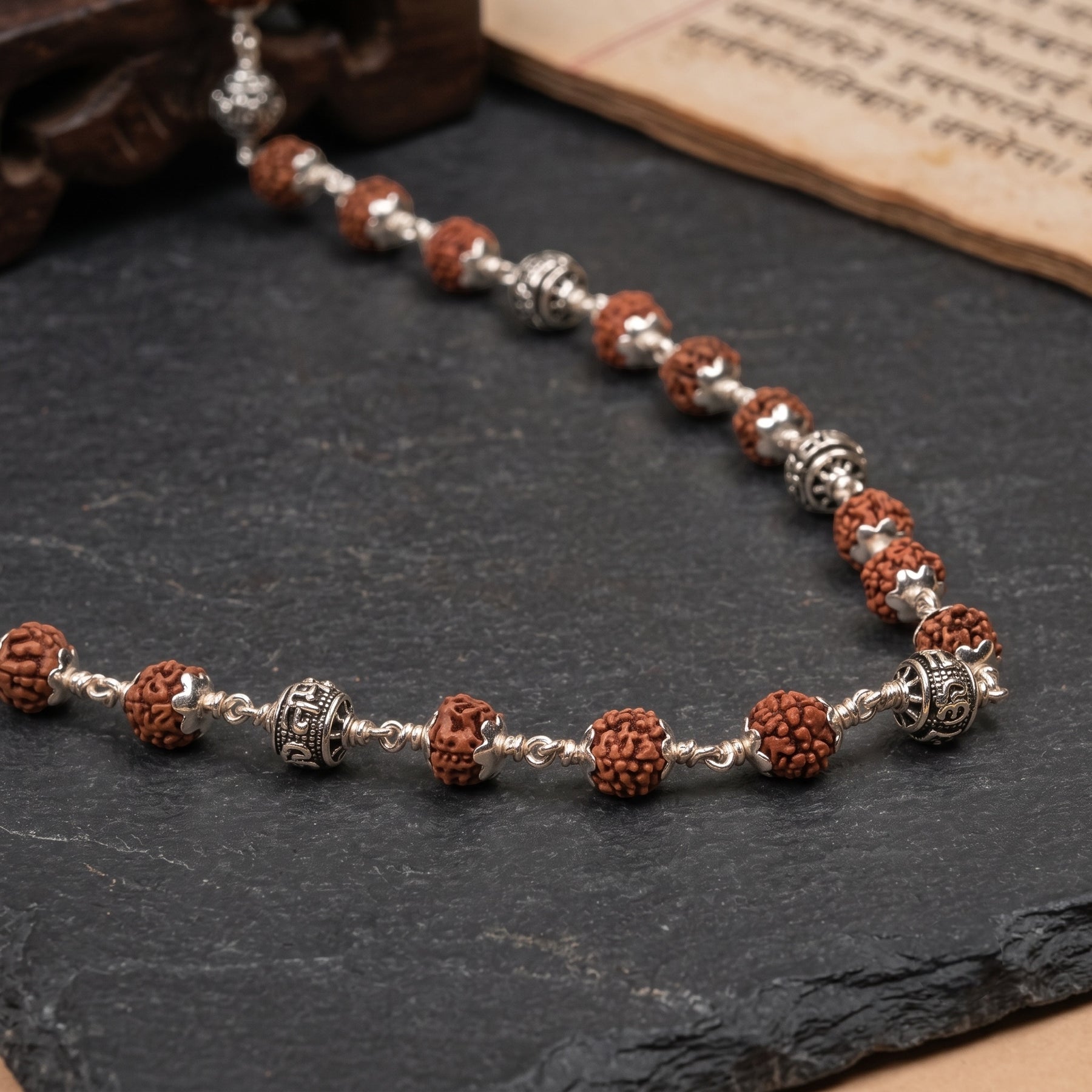 Om Namah Shivay Rudraksha Mala with 925 Silver Beads