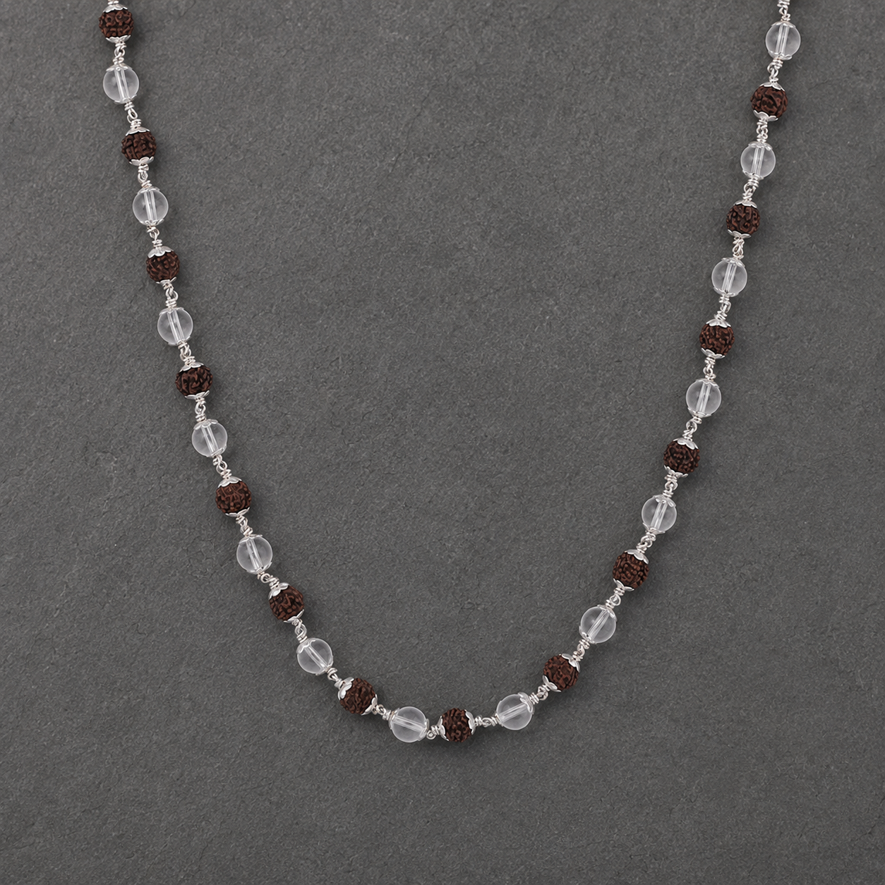 5 Mukhi Rudraksha Sphatik Mala with 925 Silver – 28–30 Inch