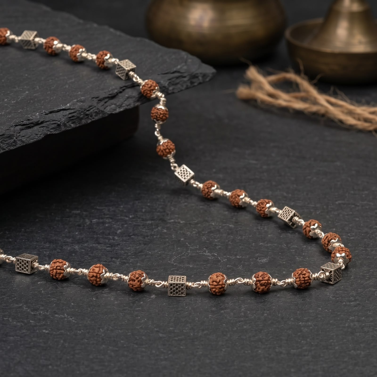 Premium square silver bead Rudraksha Mala front view