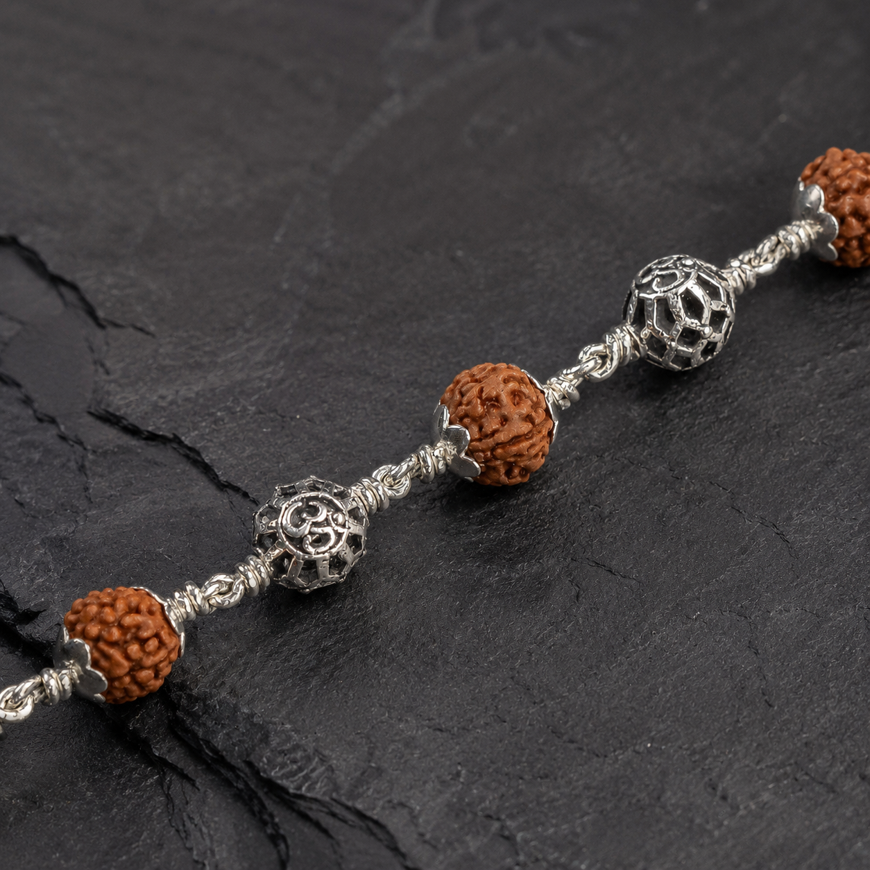 5 Mukhi Rudraksha Round Om 925 Silver Bracelet