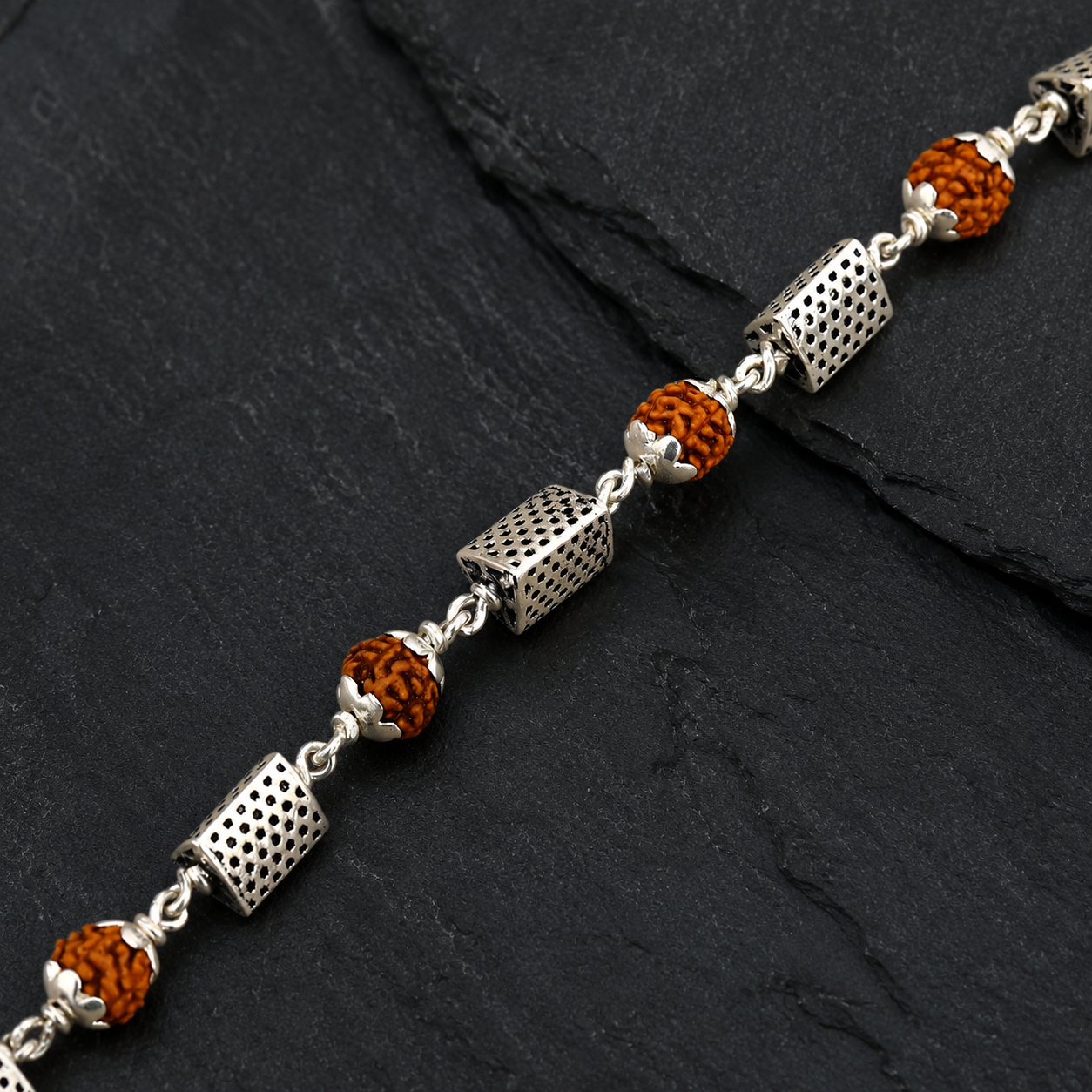 Rudraksha Bracelet with Triangle 925 Silver Beads